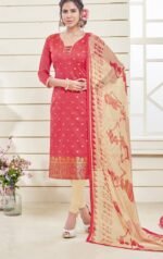 Creem and Red Jacquard Embroidered Salwar Suit