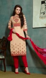 Embroidered Cream Maroon Cotton Salwar Suit with Jaipuri Dupatta