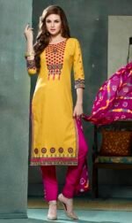 Embroidered Yellow Magenta Cotton Salwar Suit with Jaipuri Dupatta