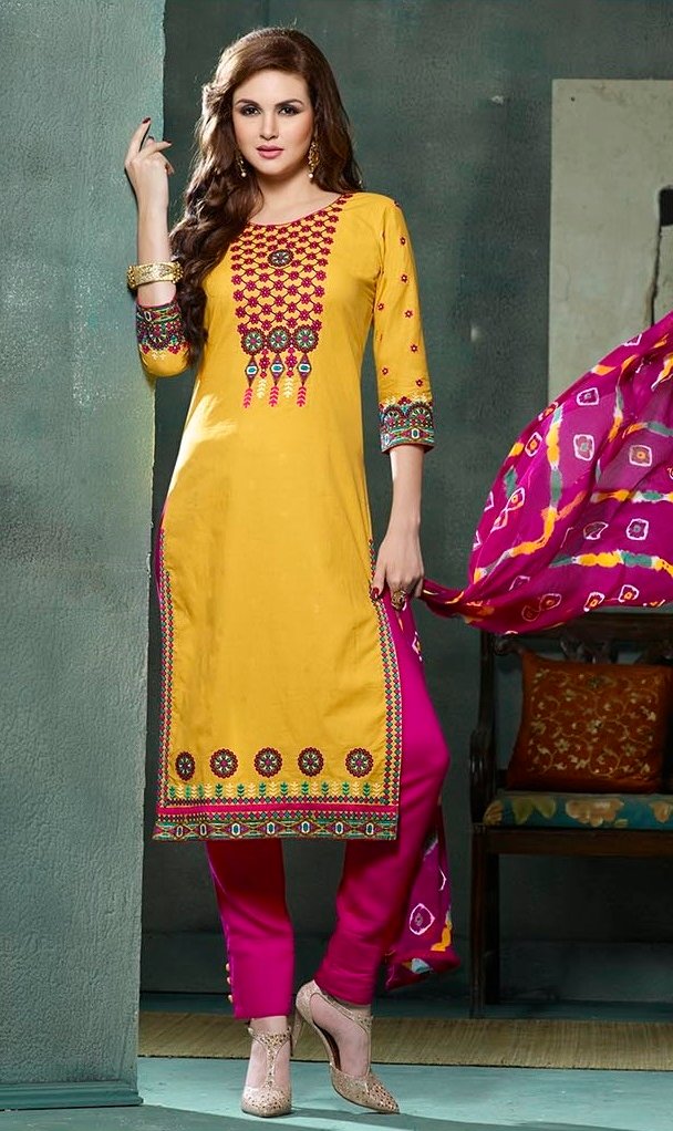 Embroidered Yellow Magenta Cotton Salwar Suit with Jaipuri Dupatta