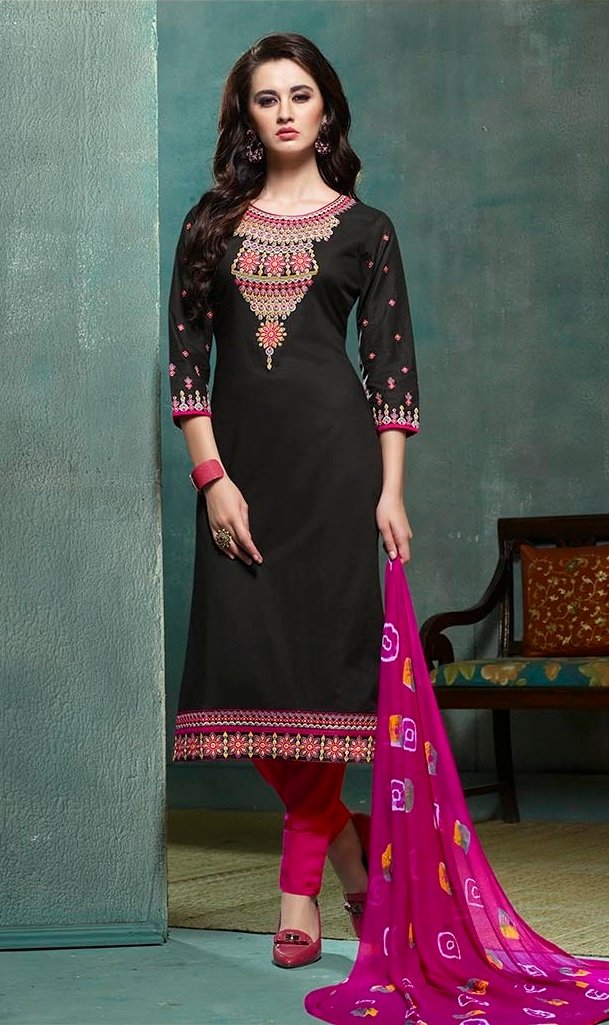 Embroidered Black Magenta Cotton Salwar Suit with Jaipuri Dupatta