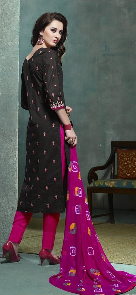 Embroidered Black Magenta Cotton Salwar Suit with Jaipuri Dupatta - Image 2