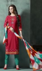Embroidered Red Green Cotton Salwar Suit with Jaipuri Dupatta