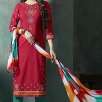 Embroidered Red Green Cotton Salwar Suit with Jaipuri Dupatta