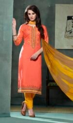Embroidered Orange Yellow Cotton Salwar Suit with Jaipuri Dupatta