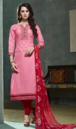Embroidered Peach & Red Cotton Embroidered Salwar Suit with Jaipuri Dupatta