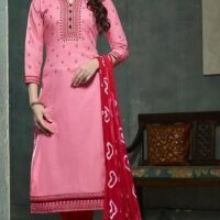 Embroidered Peach & Red Cotton Embroidered Salwar Suit with Jaipuri Dupatta
