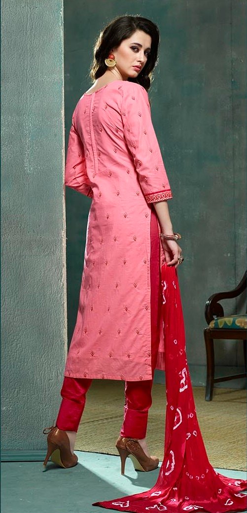 Embroidered Peach & Red Cotton Embroidered Salwar Suit with Jaipuri Dupatta - Image 2