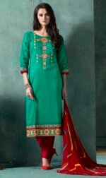 Embroidered Green & Red Cotton Salwar Suit with Jaipuri Dupatta