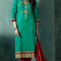 Embroidered Green & Red Cotton Salwar Suit with Jaipuri Dupatta