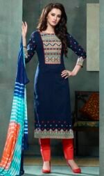 Embroidered Blue Orange Cotton Salwar Suit with Jaipuri Dupatta
