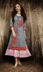 Red and Grey Chanderi Silk Embroidered Salwar Suit
