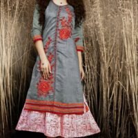 Red and Grey Chanderi Silk Embroidered Salwar Suit