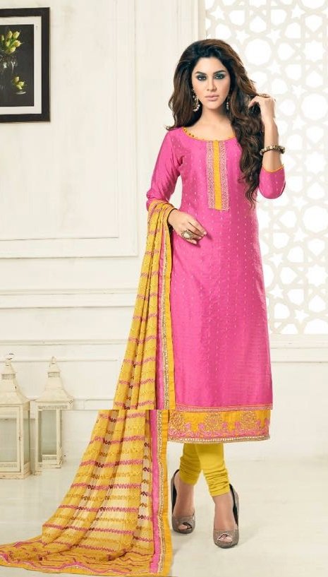 Party Wear Pink&Yellow Dress Material With Heavy Dupatta