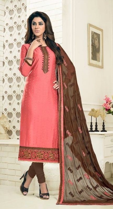 Party Wear Peach&Brown Dress Material With Heavy Dupatta