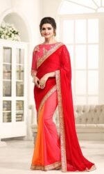 Red&Pink Georgette Embroidered Heavy Party Wear Saree