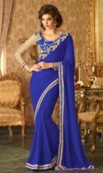 Blue & Golden Pure Georeget Embroidered Sarees