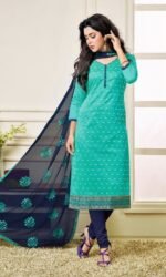 Navy Blue & Green Pure Cotton Embroidered Salwar Suit