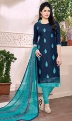 Navy Blue Cotton Jacquard Embroidered Salwar Suit