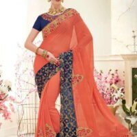 Navy Blue & Orange Designer Embroidered Sarees