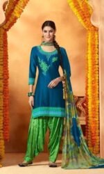 Navyblue & Green Cotton Shantoon Embroidered Salwar Suit