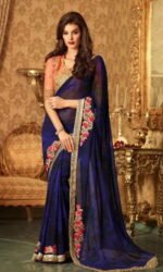 Navy Blue & Orange Pure Georeget Embroidered Sarees