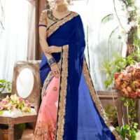 Blue & Pink Pure Georegette Embroidered Sarees