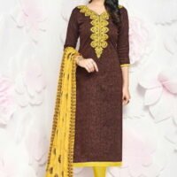 Brown & Yellow Glace Cotton Embroidered Salwar Suit