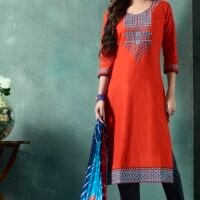 Embroidered Orange Blue Cotton Salwar Suit with Jaipuri Dupatta