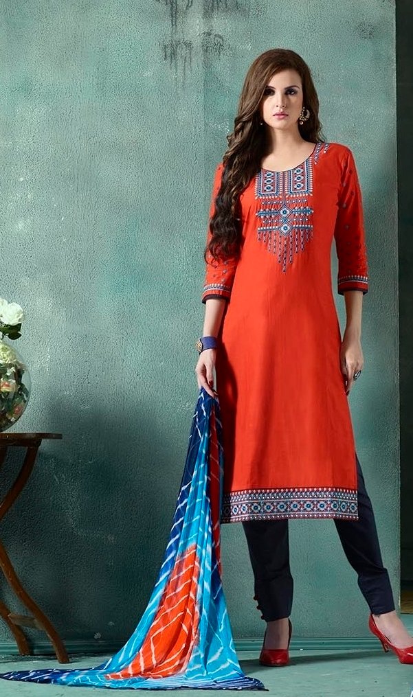 Embroidered Orange Blue Cotton Salwar Suit with Jaipuri Dupatta