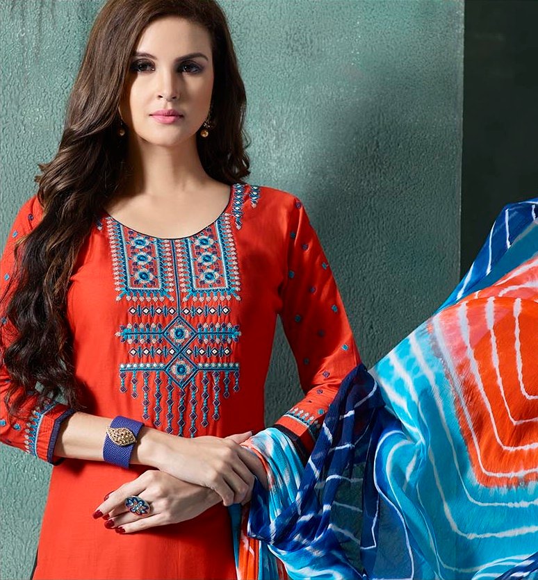 Embroidered Orange Blue Cotton Salwar Suit with Jaipuri Dupatta - Image 3