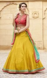 Banglori Silk Peach&Yellow Lehnga with Jari Work