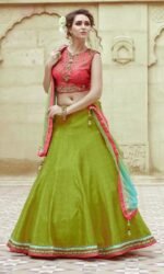 Banglori Silk Peach&Parrot Lehnga with Jari Work