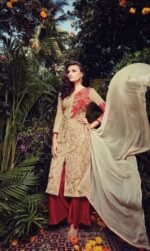 Dust Cream Center-Cut Georgette Embroidered Party Wear Salwar Suit