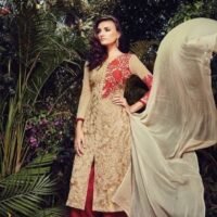 Dust Cream Center-Cut Georgette Embroidered Party Wear Salwar Suit