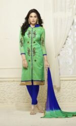 Green and Blue Cotton Jacquard Embroidered Salwar Suit