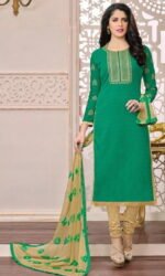 Green and Creem Cotton Jacquard Embroidered Salwar Suit