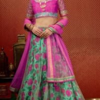 Pink & Green Pure Georgette Embroidered Lehengas Suit