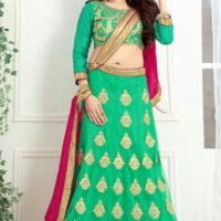 Green & Pink Embroidered Lehengas Choli