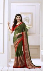 Green and Red Satin Gerogette Embroidered Sarees