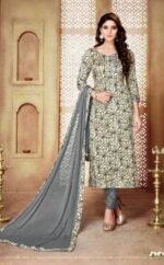 Grey and Printed Cotton Suit Glace Cotton Embroidered Salwar Suit