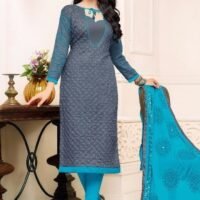 Grey & Sky Blue  Pure Cotton Embroidered Salwar Suit
