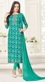Leaf Green Cambric Cotton Salwar Suit with Embroidery