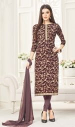 Brown Cambric Cotton Salwar Suit with Embroidery