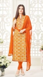Orange Cambric Cotton Salwar Suit with Embroidery