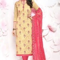Light Yellow & Pink Cotton Embroidered Salwar Suit