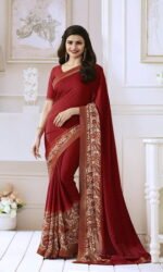 Red Satin Gerogette Embroidered Sarees