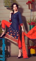 Navy Blue & Orange Embroidered Salwar Suit
