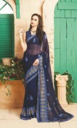 Navy blue Pure Georegette Embroidered Sarees