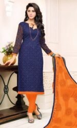 Navy Blue & Orange Pure Cotton Embroidered Salwar Suit